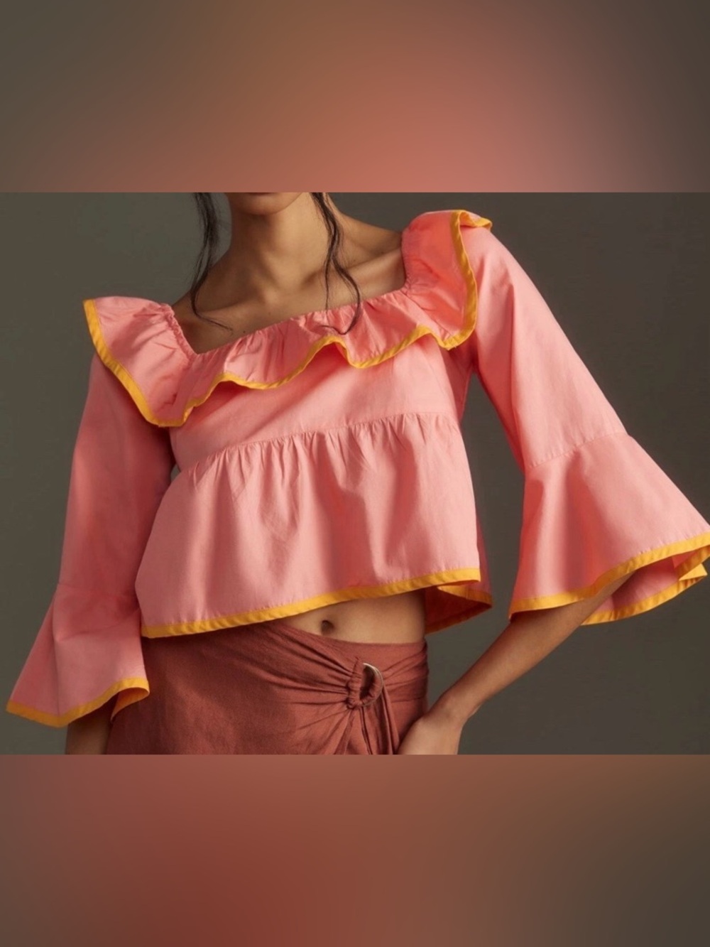Anthropologie Pink Off-Shoulder Ruffle Crop Top with Yellow Trim